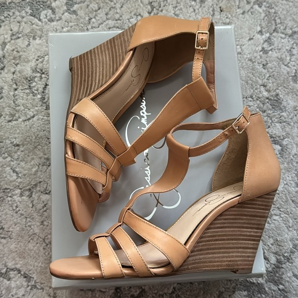 Jessica‎ Simpson McCorde natural leather Brown Strappy wedge Heels Sz 9 1/2 - Picture 5 of 8